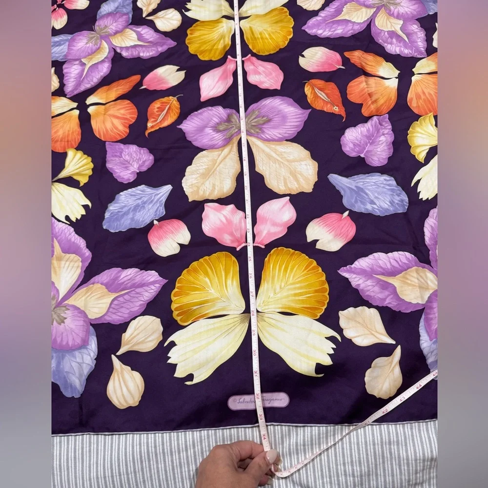 Salvatore Ferragamo Purple Floral silk Scarf - roughly 34”X33.5” - Picture 7 of 7